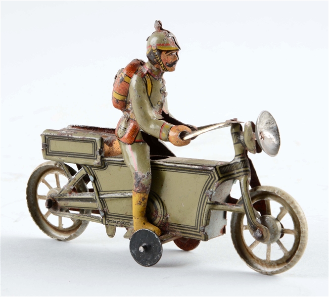 GERMAN TIN LITHO PENNY TOY MOTORCYCLE.