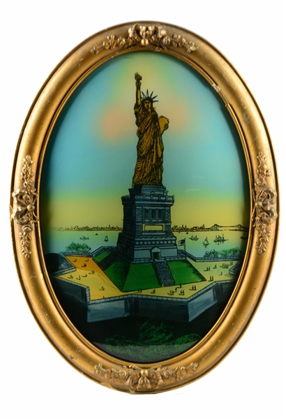 19TH CENTURY CONVEX REVERSE ON GLASS STATUE OF LIBERTY SIGN.