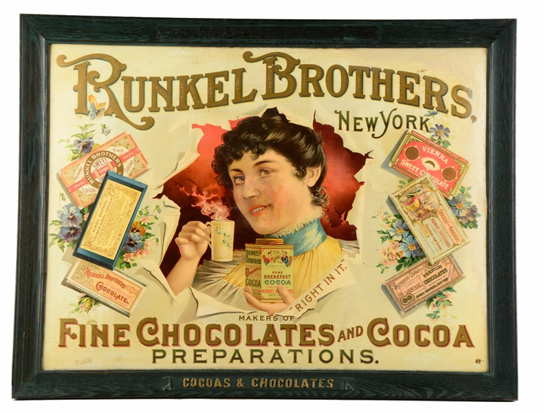 RUNKEL BROTHERS CHOCOLATES & COCOA ADVERTISING SIGN.