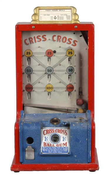 1¢ D. ROBBINS & CO. CRISS CROSS BALL GUM VENDER COUNTERTOP SKILL MACHINE