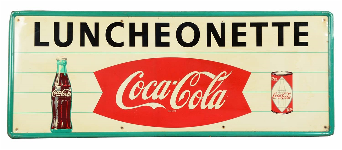 LARGE COCA-COLA LUNCHEONETTE SELF FRAMED TIN SIGN. 