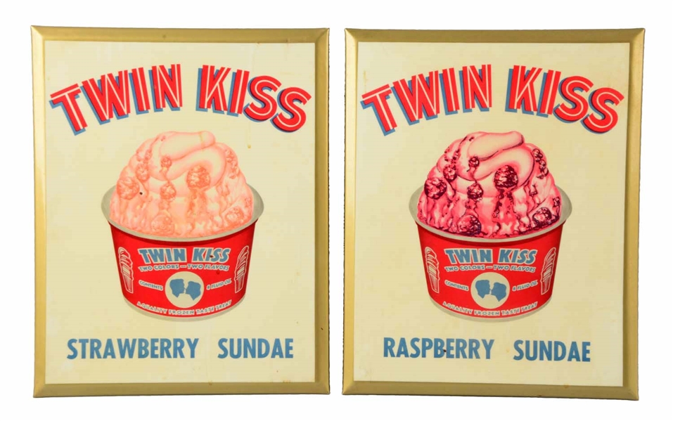 LOT OF 2: TWIN KISS SUNDAE ADVERTISING SIGNS. 