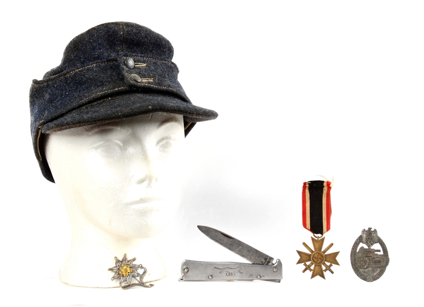 LOT OF 5: NAZI FIELD CAP, KNIFE, AND THREE MEDALS.