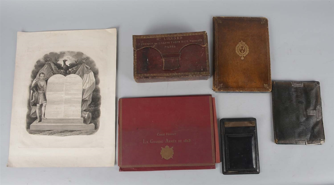 LOT OF 6: COPY OF FRENCH CONSTITUTION, LEATHER CASES & NOTEPAD.