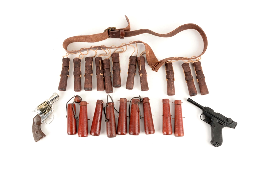 LOT OF 4: TWO REPRO 17TH BANDOLIERS AND TWO TOY GUNS