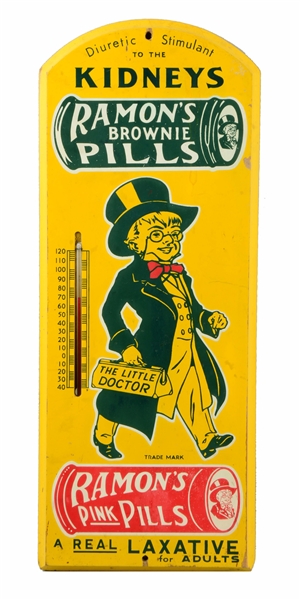 RAMONS BROWNIE PILLS WOODEN ADVERTISING THERMOMETER.