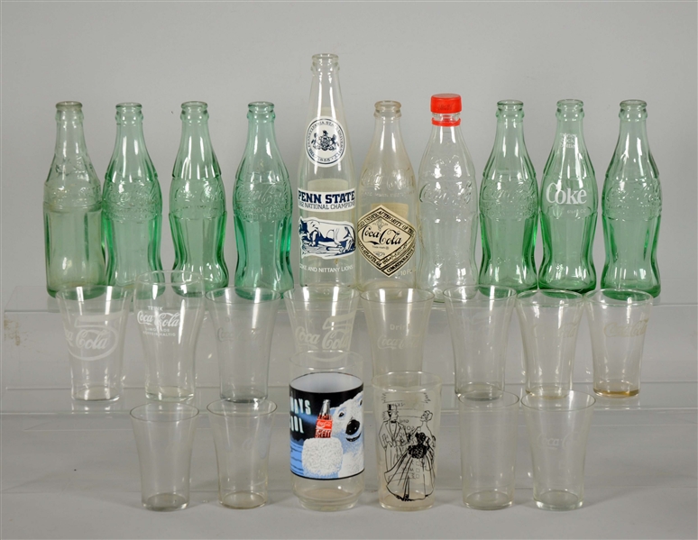LOT OF 5: COCA-COLA BOTTLED & GLASSES.