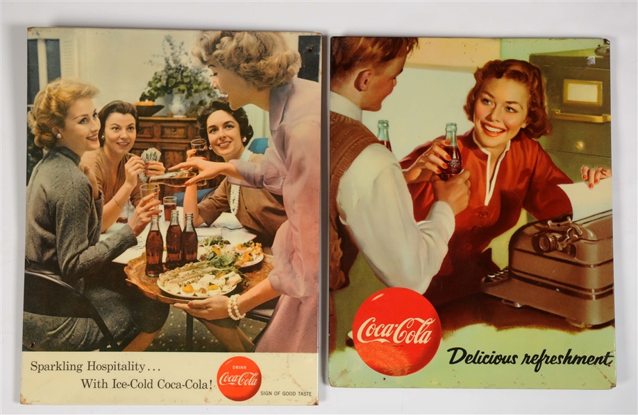 LOT OF 2: COCA-COLA CELLULOID OVER TIN ADVERTISING SIGNS.
