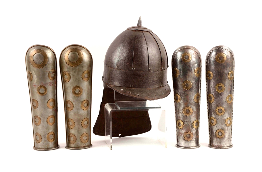 LOT OF 5:  ISLAMIC HELMET AND  ARMS GUARDS ("BAZU BAND")