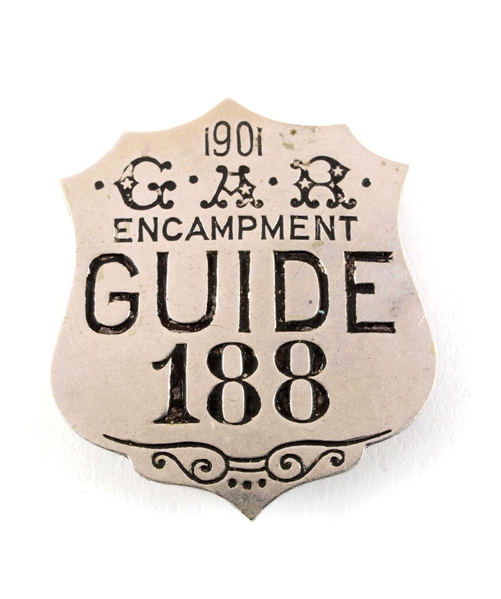 1901 G.A.R. ENCAMPMENT GUIDE 188 BADGE.