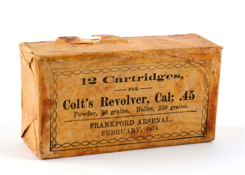 SEALED BOX OF FRANKFORD ARSENAL DATED 1874 .45 COLTS REVOLVER AMMUNITION.