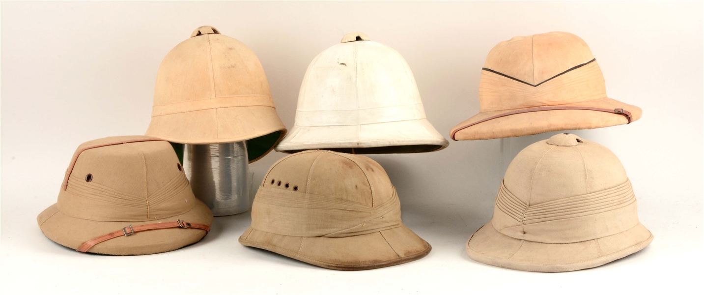 LOT OF 6: 19-20TH CENTURY TROPICAL SERVICE "PITH" HELMETS.