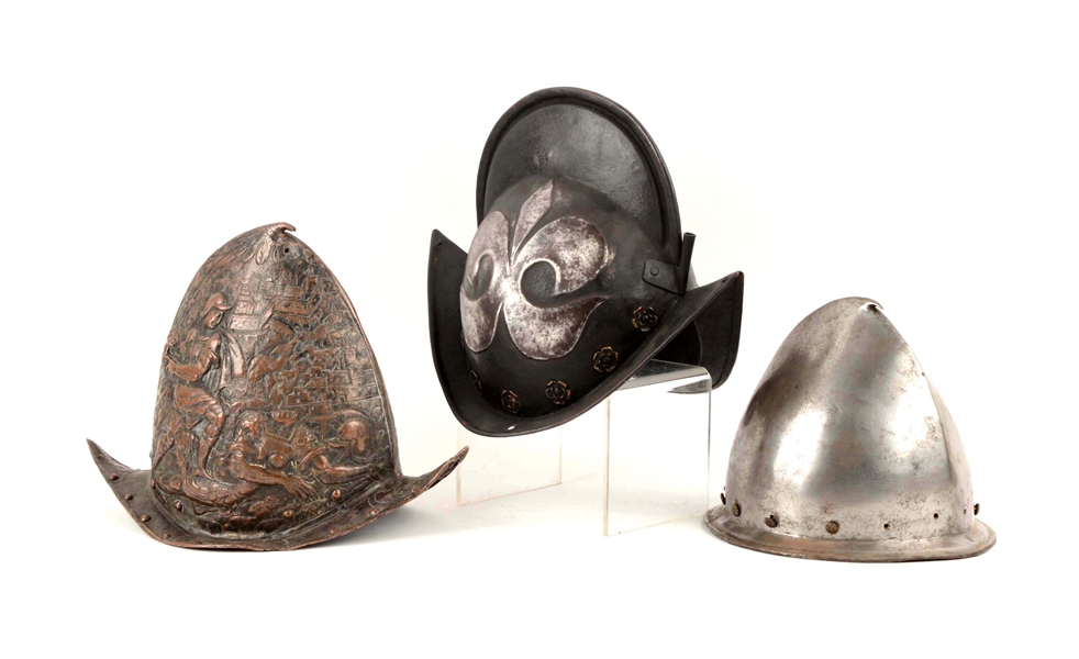 LOT OF 3: REPRODUCTION 16-17TH CENTURY HELMETS.