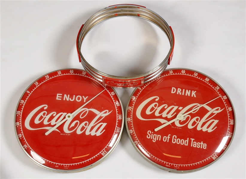 LOT OF 3: COCA-COLA THERMOMETERS & METAL FRAME.