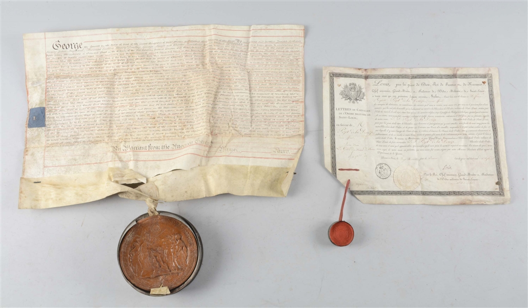 LOT OF 2: FRENCH MILITARY ORDER WITH DOCUMENT WAX SEAL, GEORGE THE IV DOCUMENT WITH WAX SEAL