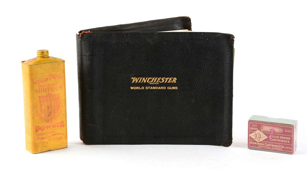 LOT OF 3: FIREARMS MEMORABILIA TO INCLUDE REAL WINCHESTER PHOTO DEALER CATALOG.
