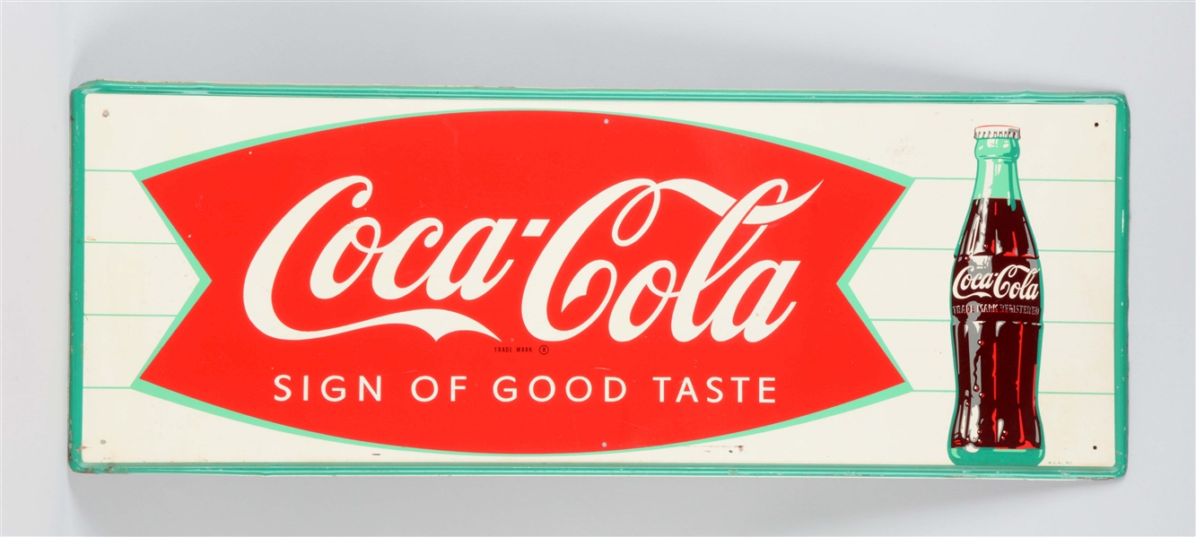 1950S COCA-COLA FISH TAIL TIN ADVERTISING SIGN.