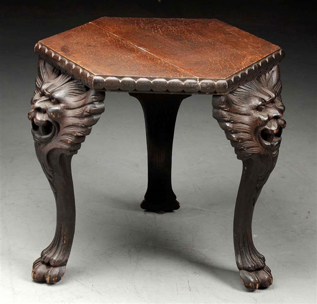 LAMMERT FURNITURE CO. HEXAGONAL TABLE WITH CARVED LEGS.