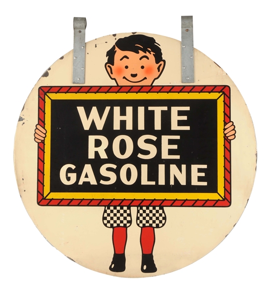 WHITE ROSE GASOLINE W/ BOY & SLATE LOGO TIN SIGN.