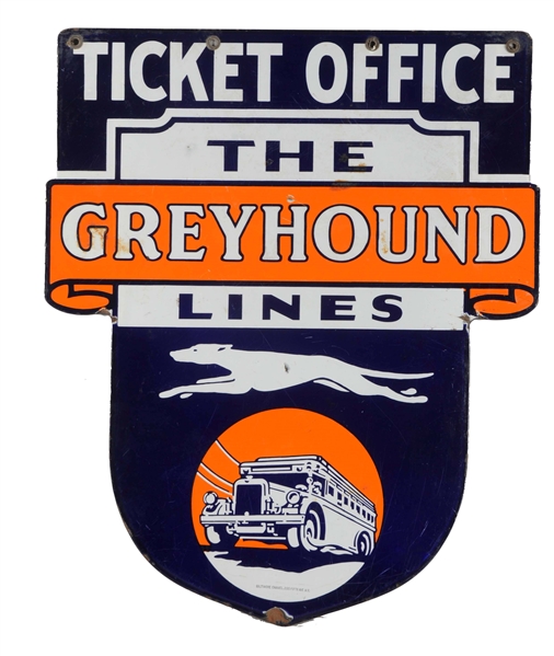 THE GREYHOUND LINES "TICKET OFFICE" W/ LOGOS PORCELAIN SHIELD SHAPED SIGN.