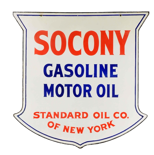 SOCONY MOTOR GASOLINE PORCELAIN SHIELD SHAPED SIGN.