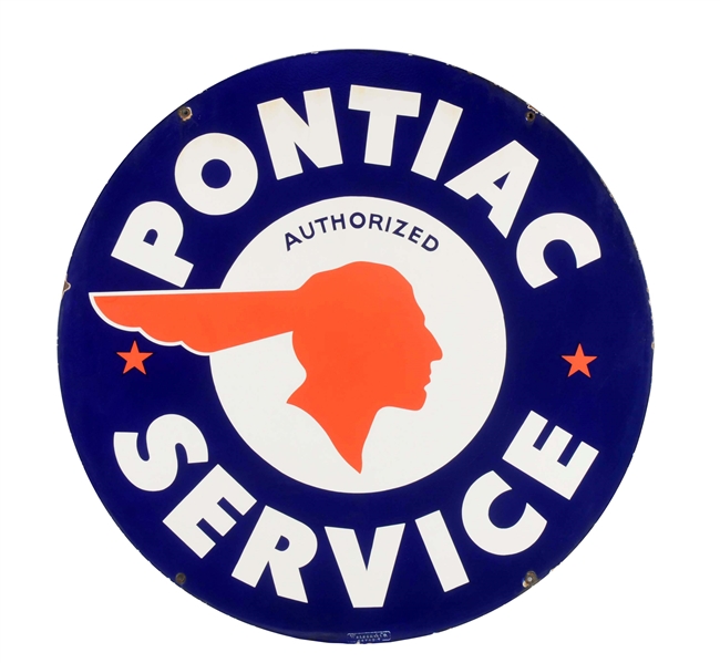 PONTIAC SERVICE W/ STARS & FULL FEATHER INDIAN PORCELAIN SIGN.