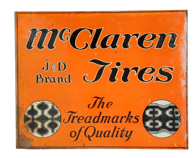 MCCLAREN TIRES "THE TREADMARKS OF QUALITY" TIN FLANGE SIGN.