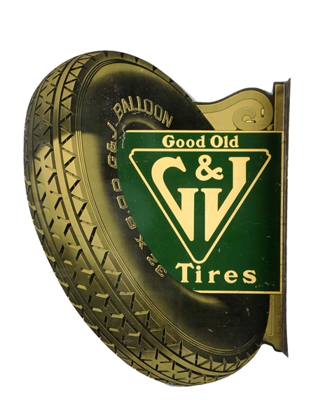 GOOD OLD G&J TIRES WITH NICE GRAPHICS TIN DIECUT FLANGE SIGN.      