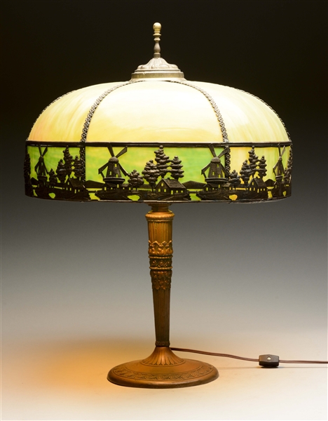 ARTS & CRAFTS BRONZE LAMP WITH SLAG GLASS SHADE. 