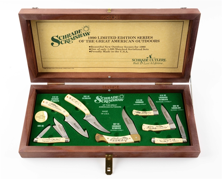 SCHRADE SCRIMSHAW KNIFE DISPLAY BOX WITH KNIVES.