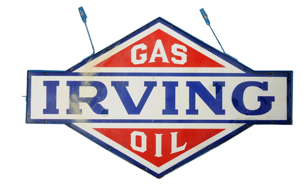 IRVING GAS OIL DIECUT IDENTIFICATION PORCELAIN SIGN.
