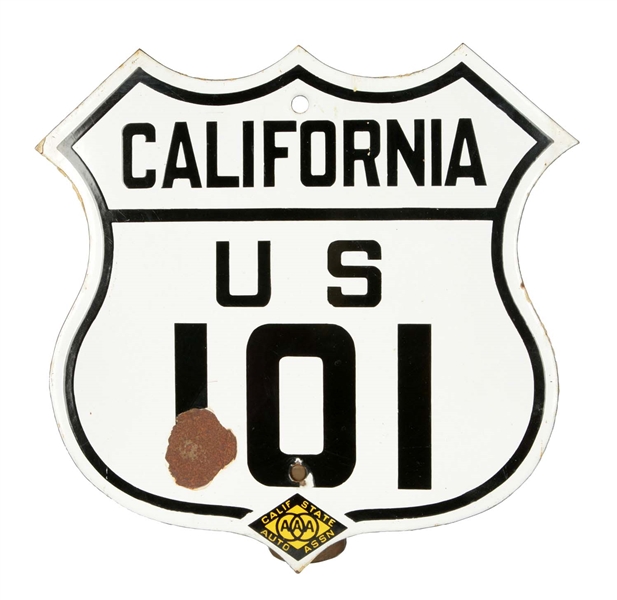 1930S PORCELAIN CALIFORNIA 101 HIGHWAY SHIELD SIGN.