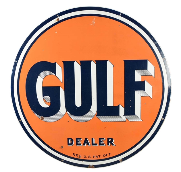 GULF DEALER WITH STRIPED LETTERS IDENTIFICATION PORCELAIN SIGN.