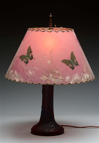 VAN BRIGGLE POTTERY LAMP WITH SATIN GLASS SHADE. 