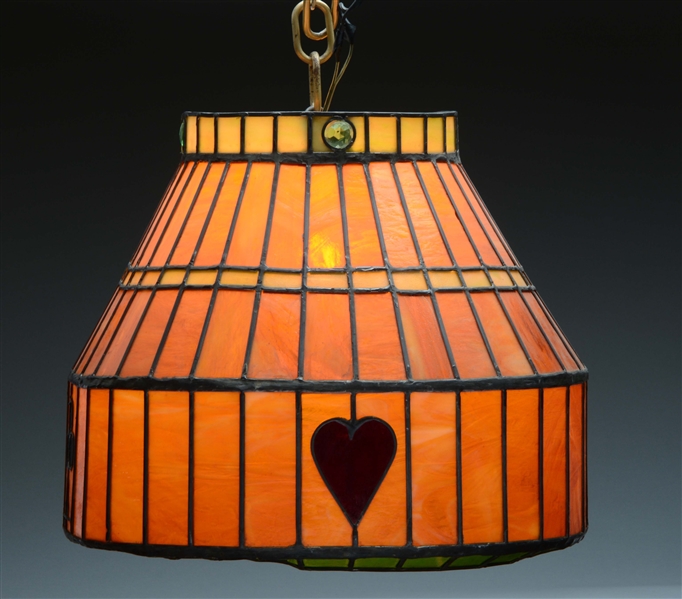 MISSION STYLE LEADED GLASS HANGING LAMP.