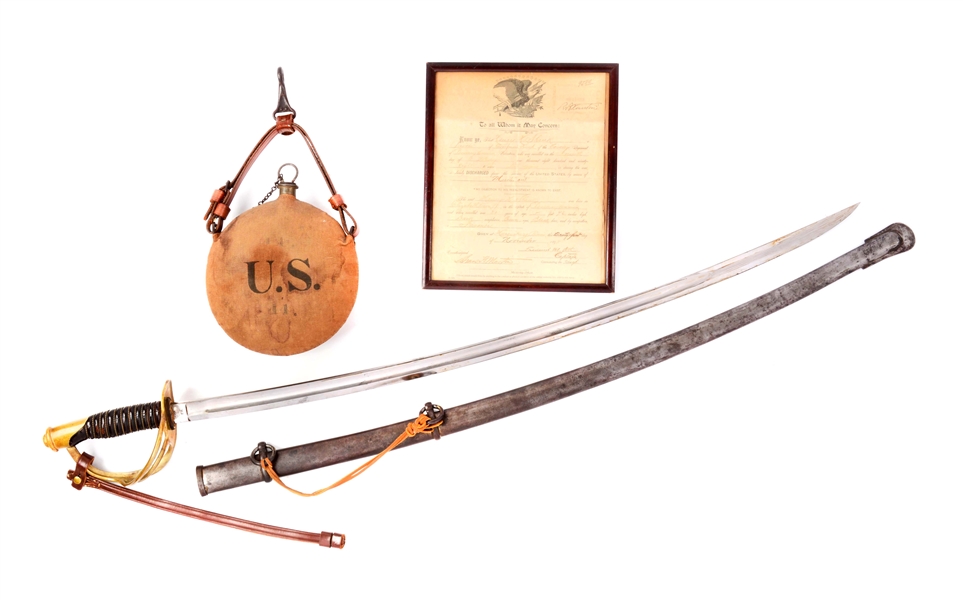 IDENTIFIED SPANISH-AMERICAN WAR GROUPING WITH CAVALRY SABER, CANTEEN & DISCHARGE PAPERS.