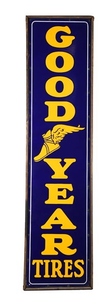 GOODYEAR W/ WINGED FOOT LOGO VERTICAL PORCELAIN SIGN.