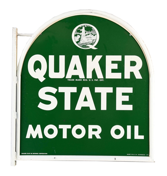 QUAKER STATE MOTOR OIL TOMBSTONE SHAPED TIN SIGN.