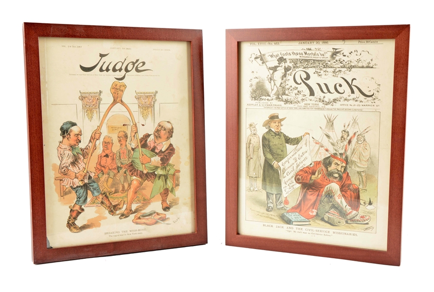 LOT OF 2: FRAMED "PUCK" AND "JUDGE" ILLUSTRATIONS