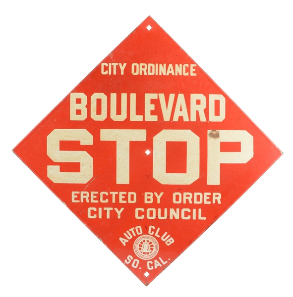 CALIFORNIA AUTO CLUB BOULEVARD STOP PORCELAIN SIGN.