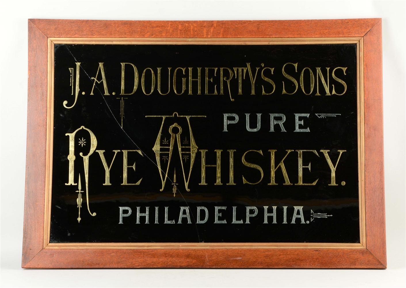J.A. DOUGHERTYS SONS RYE WHISKEY REVERSE GLASS ADVERTISING SIGN.  