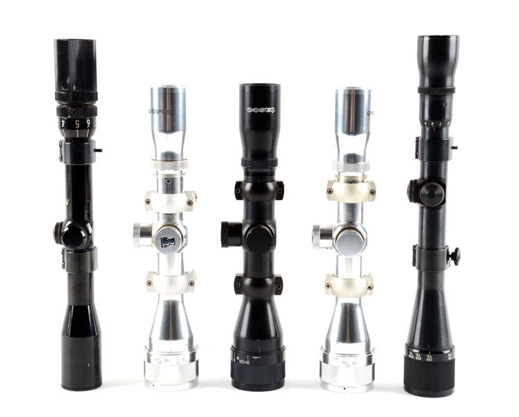 LOT OF 5: ASSORTED MODERN RIFLE SCOPES.