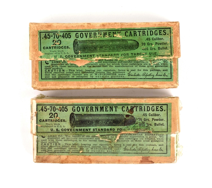 LOT OF 2: BOXES OF WINCHESTER GREEN LABEL .45-70-405 CARTRIDGES.