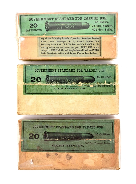 LOT OF 3: WINCHESTER GREEN LABEL .45-70-500 CARTRIDGE BOXES.