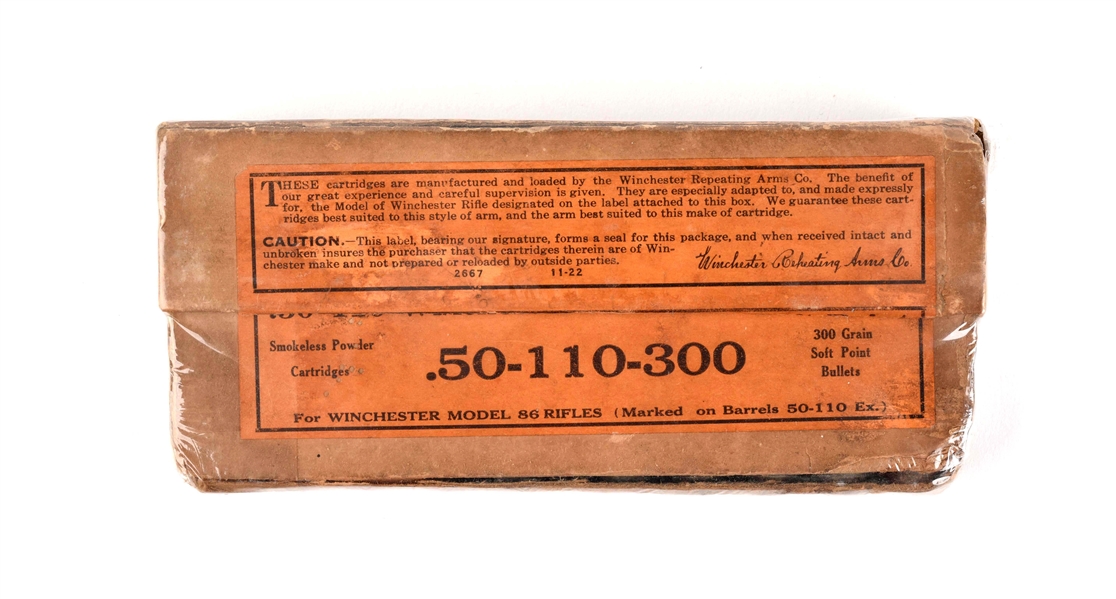 FULL BOX ORANGE LABEL WINCHESTER .50-110-300 MODEL 1886 CARTRIDGES.