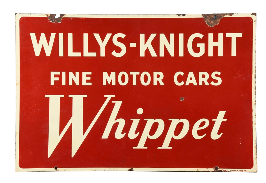WILLYS-KNIGHT WHIPPET MOTOR CARS PORCELAIN SIGN.
