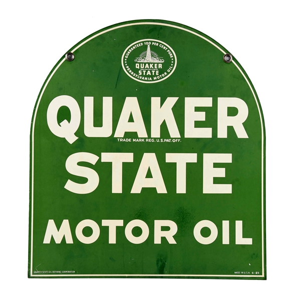 QUAKER STATE TOMBSTONE SHAPED TIN SIGN.