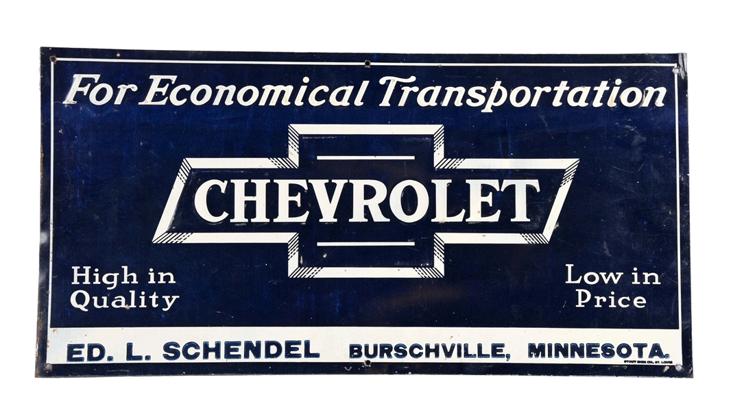 CHEVROLET IN BOWTIE "FOR ECONOMICAL TRANSPORTATION" EMBOSSED SIGN.