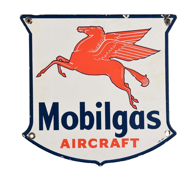 MOBILGAS AIRCRAFT W/ PEGASUS SHIELD SHAPED PORCELAIN SIGN.