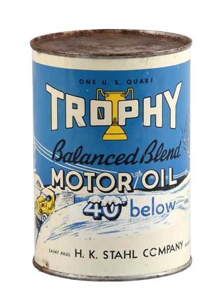 TROPHY MOTOR OIL W/ TRUCK IN SNOW ONE QUART CAN.